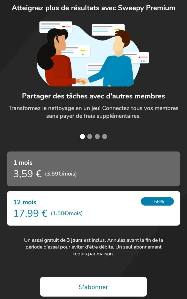 La version payante de Sweepy coûte 1,5 € par mois, pour un engagement de 12 mois.